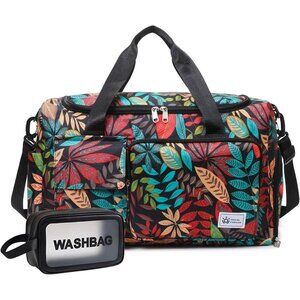 Women Red Leaves Small Gym Carry On Weekender Travel Duffle Shoe Compartment Bag